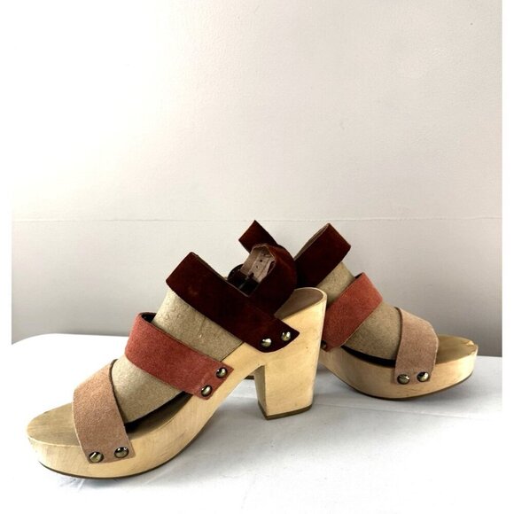 Retro Boho Chunky Platform Suede Leather 9.5 Sandals Pink Brown Wooden Heel - Picture 2 of 16